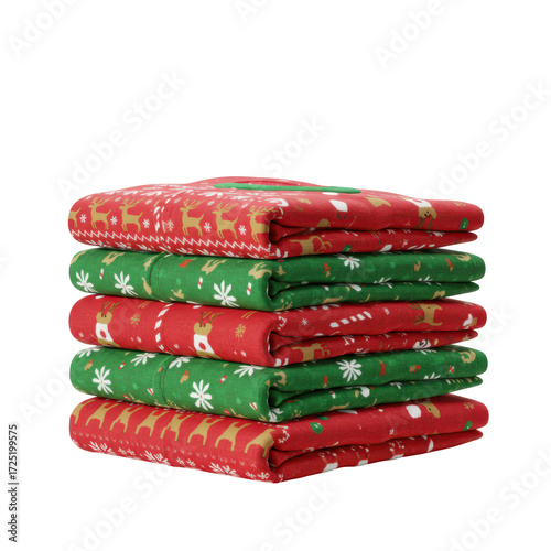 Stack of christmas sweaters displayed in festive patterned colors