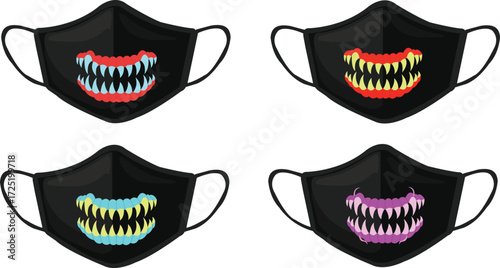 mask,face,protection flat vector set of different black cotton face masks with teeth design for fun or protection