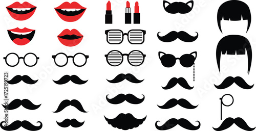 Vector Photo Booth Props Lips Mustaches Glasses Hair Accessories Fun Party Elements Celebration Design Silhouettes
