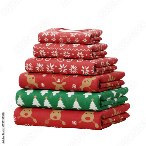 Stacked christmas fabric collection with festive patterns