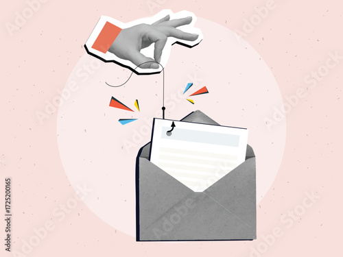 A hand pulls a document from an open envelope with a fishing hook. Hacking mail, stealing confidential information. Modern photo collage style. Vector illustration