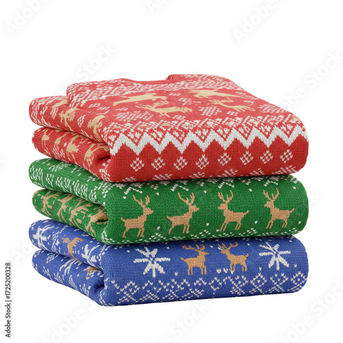 Stacked christmas sweaters with reindeer pattern