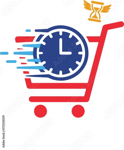 Fast shopping cart service with clock and timer icon for quick delivery and online orders