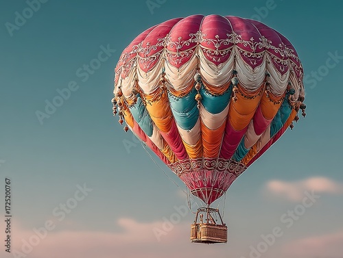 Colorful hot air balloon floating against clear blue sky, symbolizing freedom and adventure in outdoor setting, natural vast atmosphere