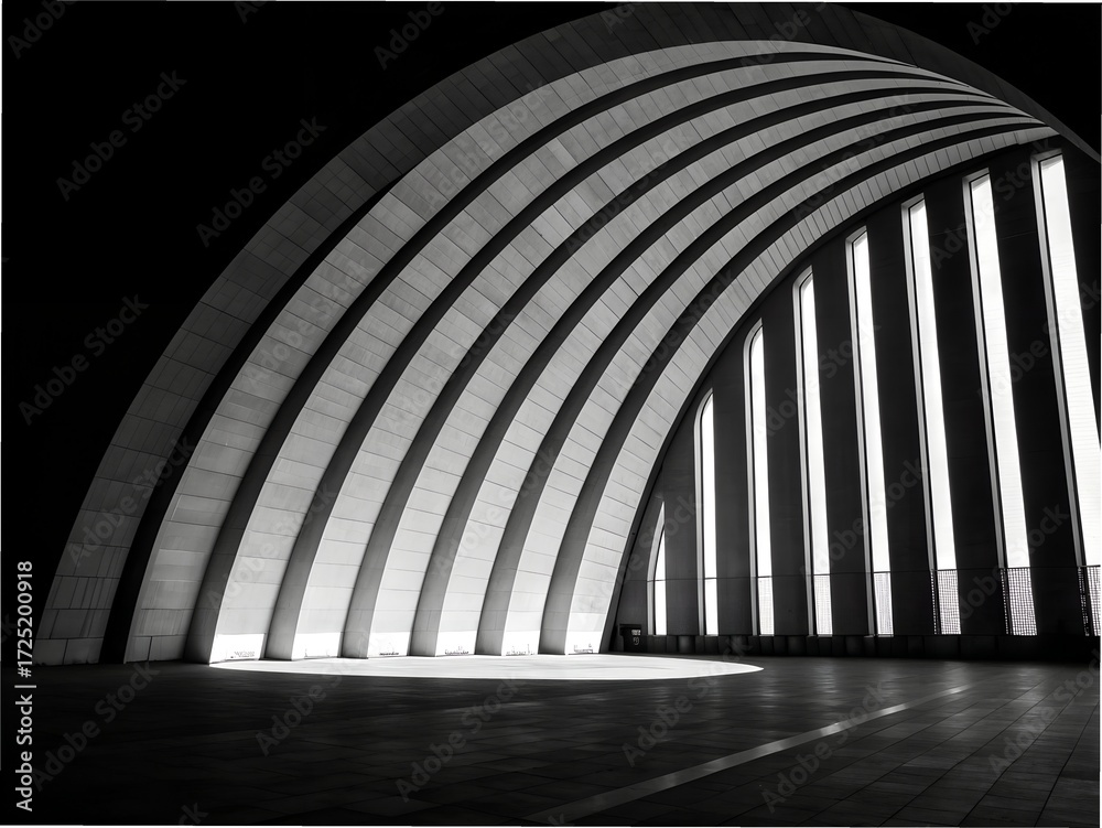 Fototapeta premium Dramatic Interior View of Arched Structure with Light Streaming Through Vertical Windows