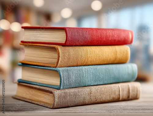 Stack of four books with plain covers in red and blue, blurred background, visible page edges, neatly stacked without text or illustrations, ideal for writing notes and sketching ideas