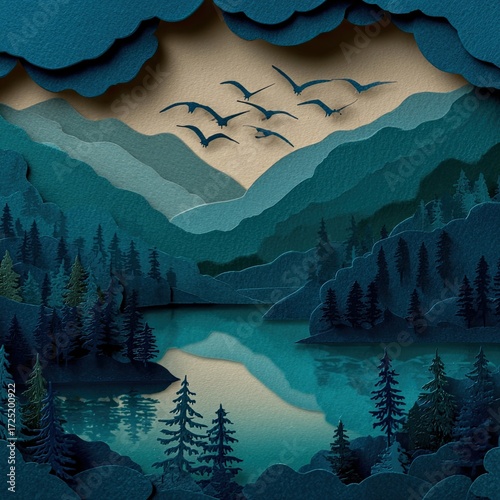 Layered papercut landscape with mountains lake trees and birds in flight against a tan sky