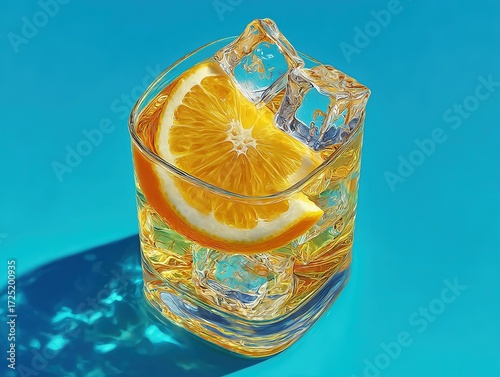 Top-down view of ice tea with lemon and ice cubes against bright blue background, focus on glass cup filled about full, no text or other elements, center large slice thin yellowish orange lemon with t