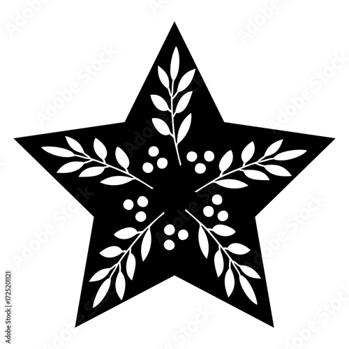 Tiempo de Navidad. Decoración primaveral. Icono con estrella con hojas y bayas para tarjetas y felicitaciones