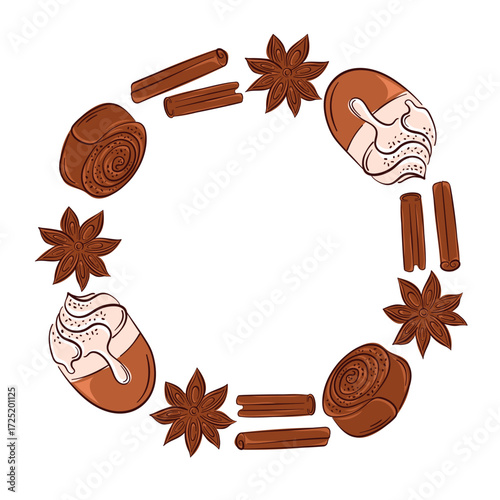 Circular wreath frame with flat style cinnamon roll, stick, coffee and star anise on white background with empty center for spice store, cafe design.
