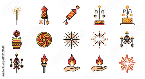 Collection of colorful Diwali festival icons, featuring fireworks, firecrackers, and decorative elements.