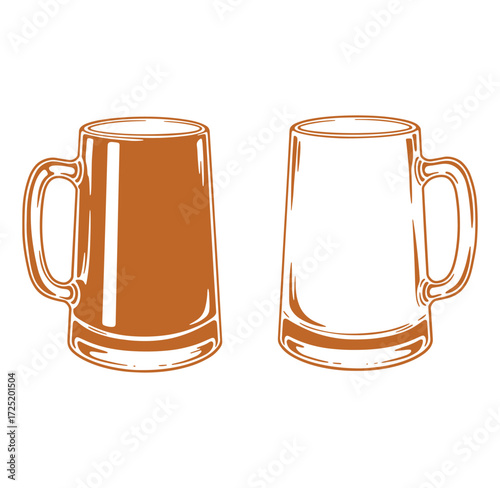 Two beer mugs depicted in brown and white simple vector illustration on isolated background