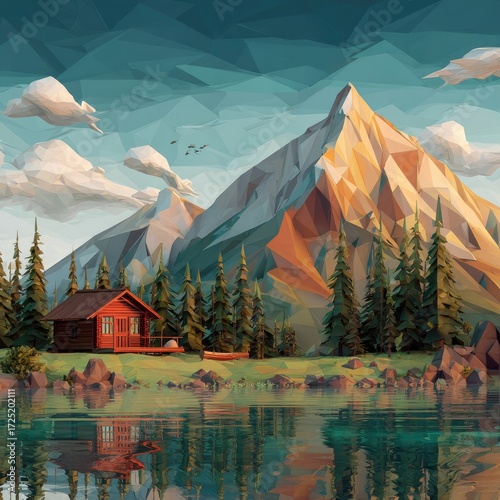 Lowpoly cabin scene red cabin by a lake with mountain backdrop pine trees and polygonal clouds