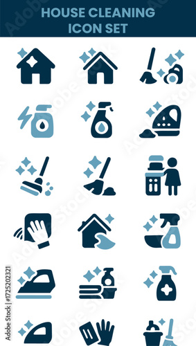 House Cleaning Icon Set – Solid Vector Collection of Washing, Broom, Soap, Maid, Laundry, Sponge, Vacuum Cleaner, Mop and More