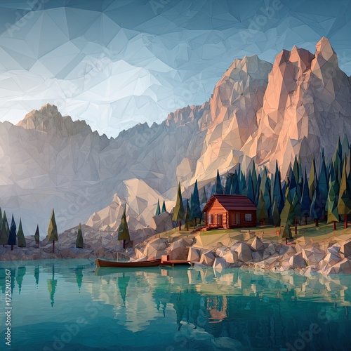 Lowpoly cabin scene with mountains trees  lake featuring crisp geometry
