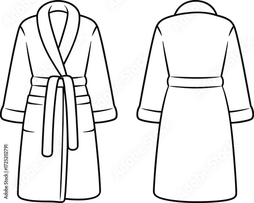 Bathrobe fashion illustration front and back view, shawl collar robe design, garment sketch, clothing template, fashion flat drawing, apparel vector