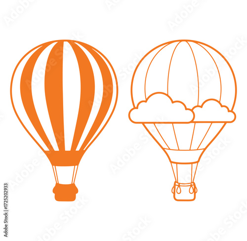 Two orange hot air balloon illustrations vector graphics isolated on white background