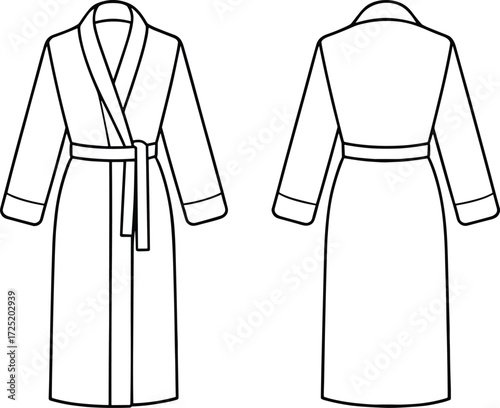 Bathrobe fashion flat sketch, technical drawing garment design, front and back view, shawl collar robe, clothing template, apparel illustration, vector outline
