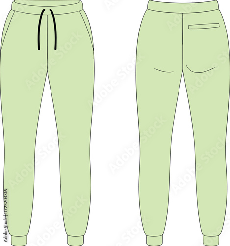 Light green jogger pants, casual athletic wear, elastic waistband, drawstring closure, tapered ankle cuffs, side pockets, back pocket, modern fashion apparel
