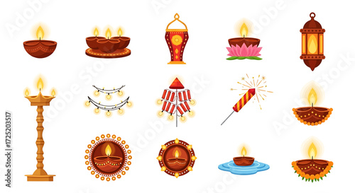 Collection of Diwali elements: diya lamps, lanterns, firecrackers, garland, and decorative lights, all glowing with warm light.
