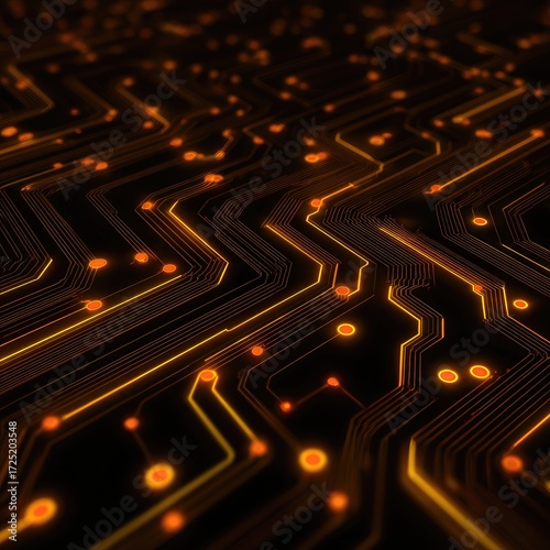 Luminous circuitry orange lines and dots against a dark backdrop creating a futuristic tech scene