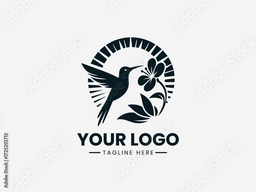 Colorful hummingbird feeding from flower under warm sun vector logo for nature brand identity