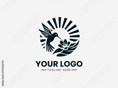 Colorful hummingbird feeding from flower under warm sun vector logo for nature brand identity