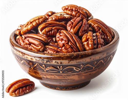 Pecans in Rustic Bowl Detailed Close Up Studio Shot on White Background