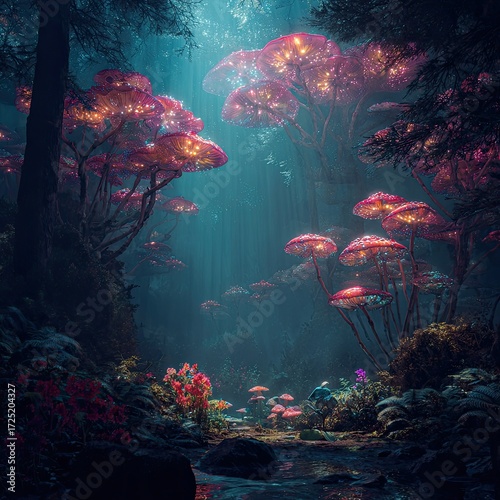 Luminous forest with glowing pinkred mushrooms and a bluelit stream