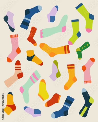 A set of men's and women's socks. A set of hand-drawn stickers made from long and short socks. Can be used for cards, posters, wrapping paper, stickers, book images, and illustrations.