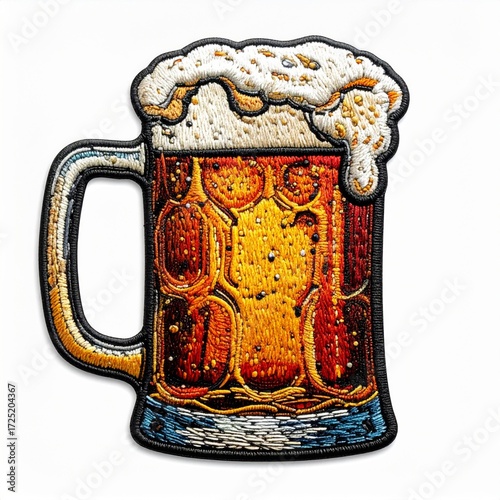 Craft Beer Mug Filled with Foamy Head in Embroidery Style on White Background