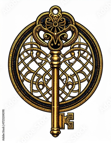 Golden Ornamental Key Centered in Circular Weave Isolated on White Background Decorative Vintage Style with