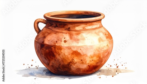 Watercolor Illustration of a Brown Pottery Pot with Handle on White Background