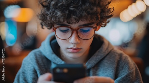 Focused teenage boy in glasses looking at his mobile phone