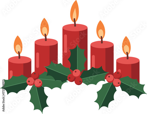 Christmas candles with holly leaves, festive red candlelight decoration, holiday season celebration, warm glowing flame, traditional Christmas ornament, winter decor