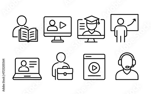 E-learning and online training icons set. Education, webinar, student, teacher, digital study. Outline vector illustrations