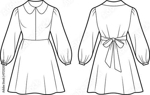 Fashion illustration dress design, technical flat sketch, Peter Pan collar, puff sleeve, flared skirt, sewing pattern, garment construction, apparel template