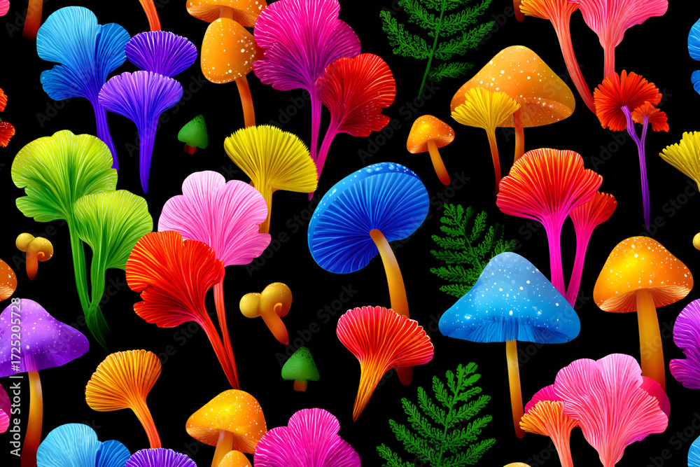 Obraz premium Vibrant multicolored mushrooms and ferns on black background