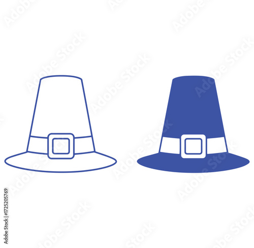 Two thanksgiving pilgrim hats icon symbols in outline and filled blue color designs