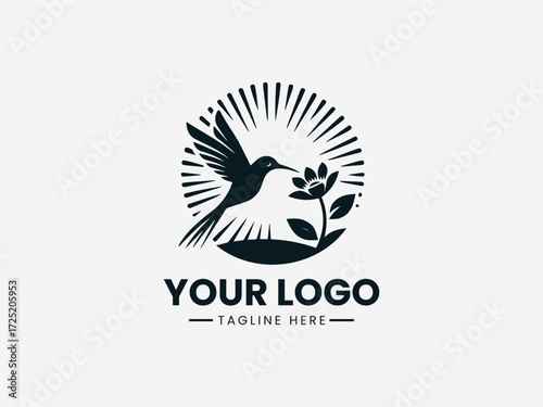 Colorful hummingbird feeding from flower under warm sun vector logo for nature brand identity