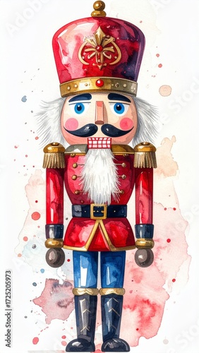 Watercolor Illustration of a Red Nutcracker Figure on White Background
