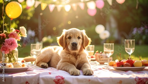Golden retriever puppy at a garden picnic