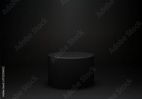 Modern black cylindrical vector podium on a dark gradient background with soft light
