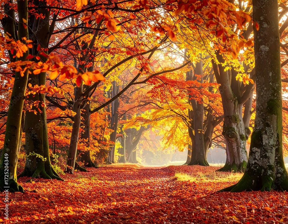Fototapeta premium Autumnal Forest Path: Vibrant Red And Orange Leaves