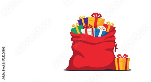 A large red sack filled with many colorful gifts and presents tied with ribbons.