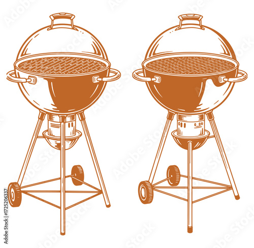 Two vector illustrations of a classic outdoor charcoal grill for cooking and barbecuing