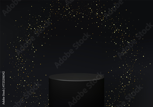 Elegant black cylindrical podium on dark background surrounded by shimmering golden particles for luxury presentation