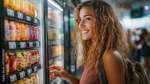 Smiling woman choosing a refreshing drink in a supermarket