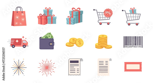 A collection of illustrated shopping icons, including gifts, carts, delivery, and money.