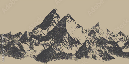 Monochrome mountain silhouette artwork with textured details, Abstracted dotted mountain range with a pointillist grunge texture. mounted landscape with grainy noise